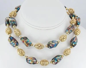 STUNNING! Vintage NAPIER 31" Foiled Murano Multi Colors Art Glass Bead Necklace - Picture 1 of 14