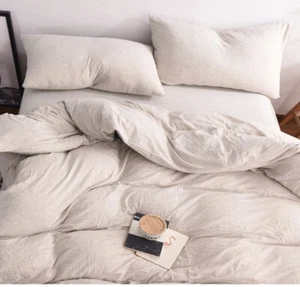 Jersey Knit King T-shirt Cotton Duvet Cover Set Beige 3pc Heathered - Picture 1 of 5