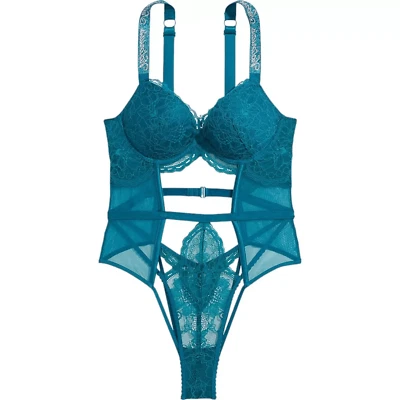 Victoria's Secret Padded Rhinestone Straps Lace Teddy Bodysuit  Teal  XL NWT - Image 1 of 4