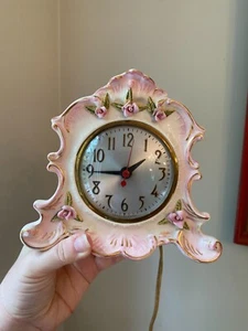 Vintage Coventry Pink Ceramic Electric Mantel Clock With Floral Details & Gold A - Picture 1 of 9