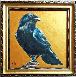 Krähenmalerei Vogel Original Ölgemälde Rabe Wandkunst Goldenes Gemälde gerahmt - Bild 1 von 12
