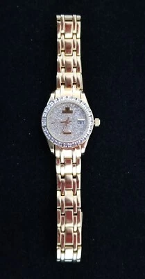 Reloj Croton Tono Dorado Fecha Esfera Pavimentada Bisel Cristal Eslabón Banda 7.5" Max Necesita Murciélago Foto 1 de 4