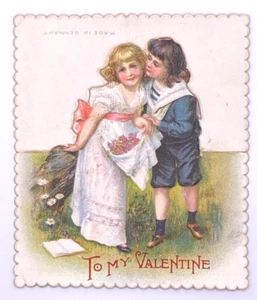 Victorian Valentine Die cut German Vintage  NOT Unfolded 3D child apron flowers - Picture 1 of 4