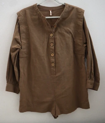 Free People OB1910445 Women's Sz XS Brown Leyla L/S Linen Blend Romper $70 - Image 1 of 4