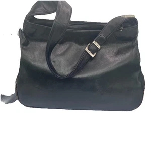Perlina New York Black Leather Adjustable Shoulder Bag Contrast Cording Purse - Picture 1 of 10