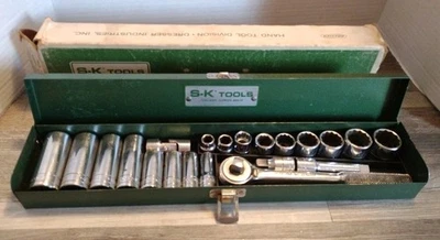 SK TOOLS 21 PC 3/8 DRIVE SOCKET SET W/METAL BOX 4521 VTG USA W/ORIGINAL BOX  - Image 1 of 4