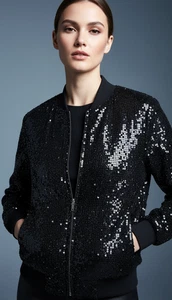 Chaqueta Bomber Para Mujer Negra Lentejuelas Cremallera Frontal Manga Larga Fiesta Top Talla L - Imagen 1 de 8