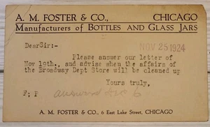 1924 A M Foster & Co Flaschen & Glas Chicago IL Postkarte - Bild 1 von 3