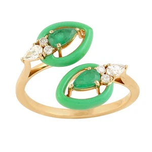 18K Yellow Gold Emerald Ring Unique Open Style with Enamel & Sparkly Diamonds - Picture 1 of 7