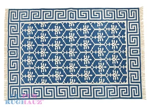 6x9 Blue White Dhurrie Handmade Cotton Area Rug Vintage Modern  Indian Flatweave - Picture 1 of 7