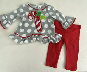 Rare Editions Christmas Gray Polka Dot Tunic Candy Cane Outfit Size 3-6 Months