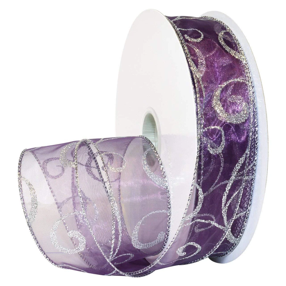 Silver Sparkle Swirls Sheer Purple Wide Wired Ribbon 50 yd NEW holiday party bow - Image 1 of 1