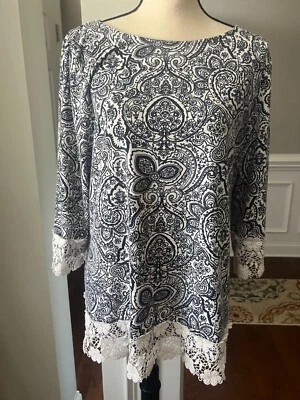 Charter Club Paisley Print Lace Trimmed Tunic Top Navy/White Sz XL - Image 1 of 4