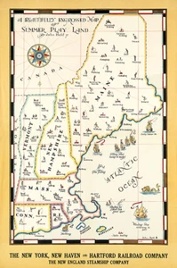 Map Of Summer Play Land - Vermont New Hampshire Maine - 1930's - Travel Poster - Picture 1 of 1
