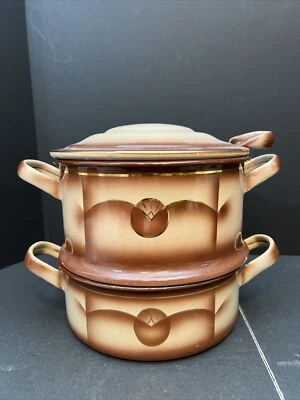 BRG GERMANY ENAMEL BOILER STOCK POT BROWN Art Deco Brown Gold Strainer AIRBRUSH - Image 1 of 4