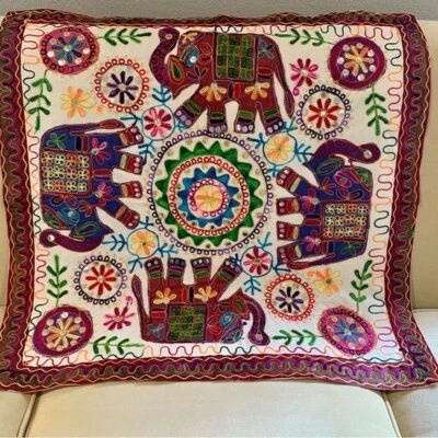 Hand embroidered elephant wall hanging tapestry boho home decor made in India - Image 1 of 4
