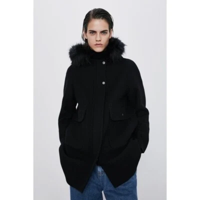 Abrigo chaqueta parka forrada de piel Zara para mujer negro mezcla de lana 2348/66 XS Foto 1 de 4