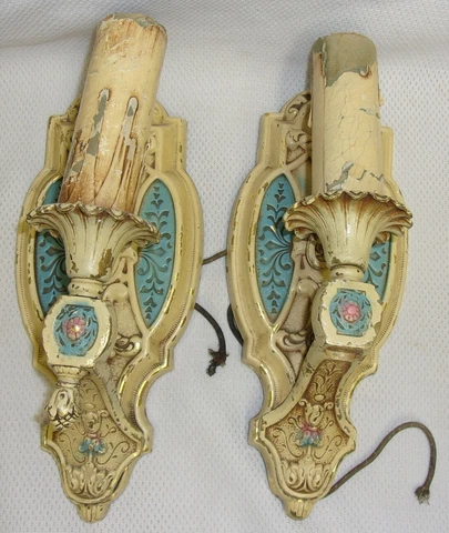 Antique Pair Stamped Metal Possible Brass Wall Sconce Electric 1930's Cover