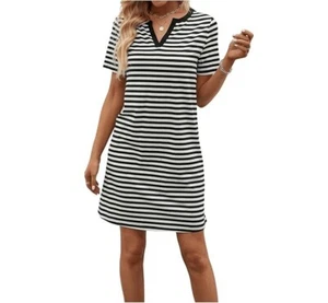 CUPSHE Women's Summer Striped Tshirt Dress Short Sleeve Notched V Neck Casual S - Picture 1 of 5