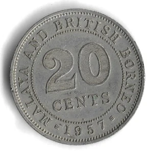 1957 H Malaya & British Borneo 20 Cents World Coin - Mintage 2,500,000 - KM# 3 - Picture 1 of 2