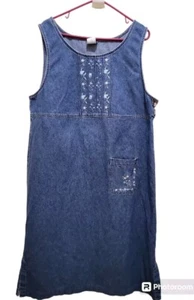 Vintage Teddi Woman 1X Floral Embroidered Maxi Blue Denim Dress - Picture 1 of 13