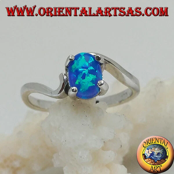 Anello in Argento 925‰ con opale blu ovale incastonato e montatura asimmetrica - Immagine 1 di 1
