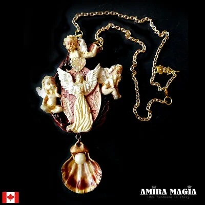 Jewelry Necklace Pendant Art Deco Winged Guardian Angel Madonna Religious Prayer - Image 1 of 4