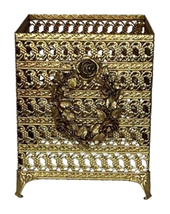 Hollywood Regency Gold Metall Filigran Rose Verzierung Taschentuch Box Deckel Quadrat - Bild 1 von 9