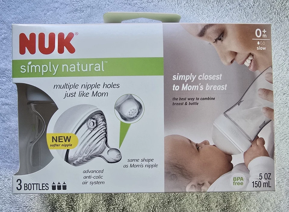 NUK Simply Natural 5 oz (150 ml) biberones 0+ m flujo lento paquete de 3 NUEVO Foto 1 de 4
