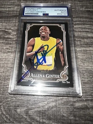 Подписанная коллекционная карточка Усэйна Болта 2024 Allen & Ginter No208 черная Ямайка PSA/DNA NO4 - Изображение 1 из 2
