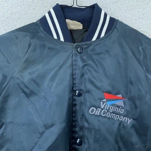 Vintage Virginia Oil Company Satin Bomber Jacket Mens XL Navy Made USA 80s 90s - Picture 1 of 7