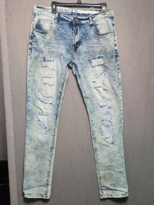 Jeans Reason uomo 36x31 blu acido lavato invecchiato grunge strappato elasticizzato - Foto 1 di 15