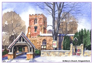 KINGSWINFORD ST.MARYS CHURCH ARTISTS PAINTING GLOSSY CHRISTMAS CARD 8"x 6" - Picture 1 of 2