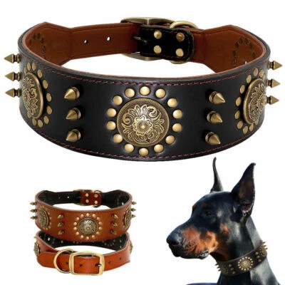 Collare in pelle con borchie a punta per Cane Pitbull Doberman Marrone Nero L XL - Image 1 of 4