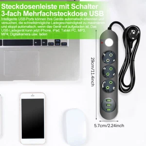 29cm 3fach 3USB Steckdosenleiste mit Schalter Steckdose 2m Kabel Mehrfachstecker - Bild 1 von 15