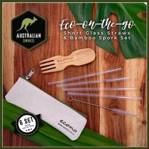 4Short Reusable Cocktail Drinking Straws & Spork Set + bag straight/clear/glass - Picture 1 of 14