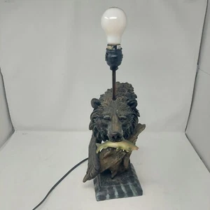 Bear Head Table Lamp Holding Fish With Black Base Country Rustic Cabin Outdoors - Picture 1 of 13