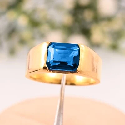 Ring For Wedding Gift AAA Natural London Blue Topaz Handmade 14K Yellow Gold. - Image 1 of 3