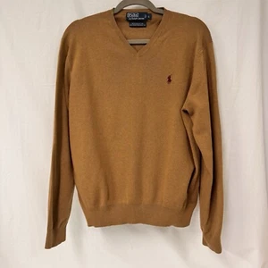 Polo Ralph Lauren Sweater Mens Size Large Camel Long Sleeve V Neck Pima Cotton - Picture 1 of 10