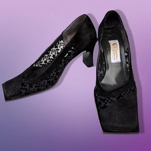 Vintage 90s Square Toe Heels Size 6.5 EUR 37 Black Suede Claudio Fracassa Italy - Bild 1 von 11