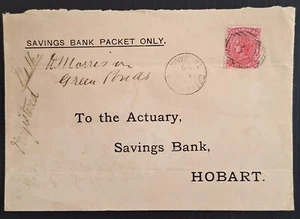 1885 Tasmania Australia SAVINGS BANK PACKET ONLY Cover Green Ponds to Hobart - Picture 1 of 2