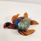 Art Glass Sea Turtle Figurine Brown Body Multicolor Shell Unmarked 7"