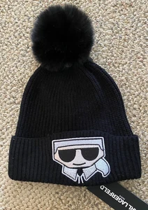 Karl Lagerfeld Knit Hat Pom Pom Beanie Faux Fur L4KH7874 Black One Size - Picture 1 of 3