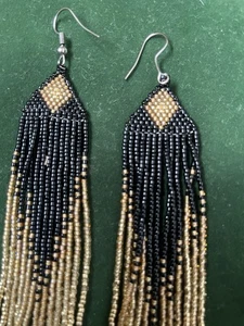 Black & Gold Beaded Tasseled Drop Earrings for Pierced Ears - Picture 1 of 13