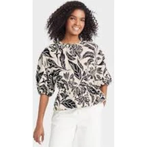Who What Wear Black Floral Print Cinched Waist Puff Sleeve Blouse S Linen Blend - Picture 1 of 9