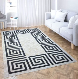 Hand Made Natural Cowhide Hair on Patch Work Leather Modern Carpet Room AA77 - Picture 1 of 3