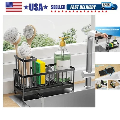 Soporte de esponja negro para fregadero de cocina, organizador de carrito de fregadero con cepillo alto Ho... Foto 1 de 4