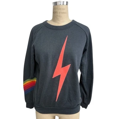 Aviator Nation Lightning Bolt Rainbow Sleeve Sweatshirt Dark Blue Sz S Oversized - Image 1 of 4