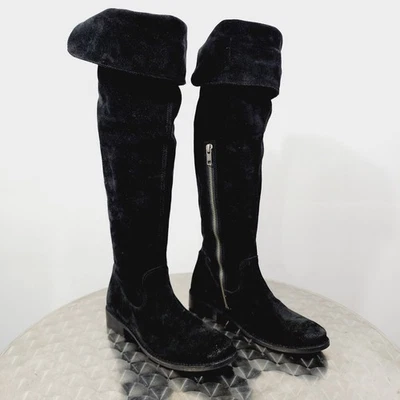 Botas femininas Frye Shirley couro camurça preto acima do joelho novas sem caixa tamanho 6.5 - Imagem 1 de 4