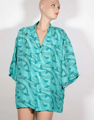 复古 Christian Knaust Neiman Marcus 真丝鱼印花衬衫男式 XL 纽扣 — 第 1/4 张图片